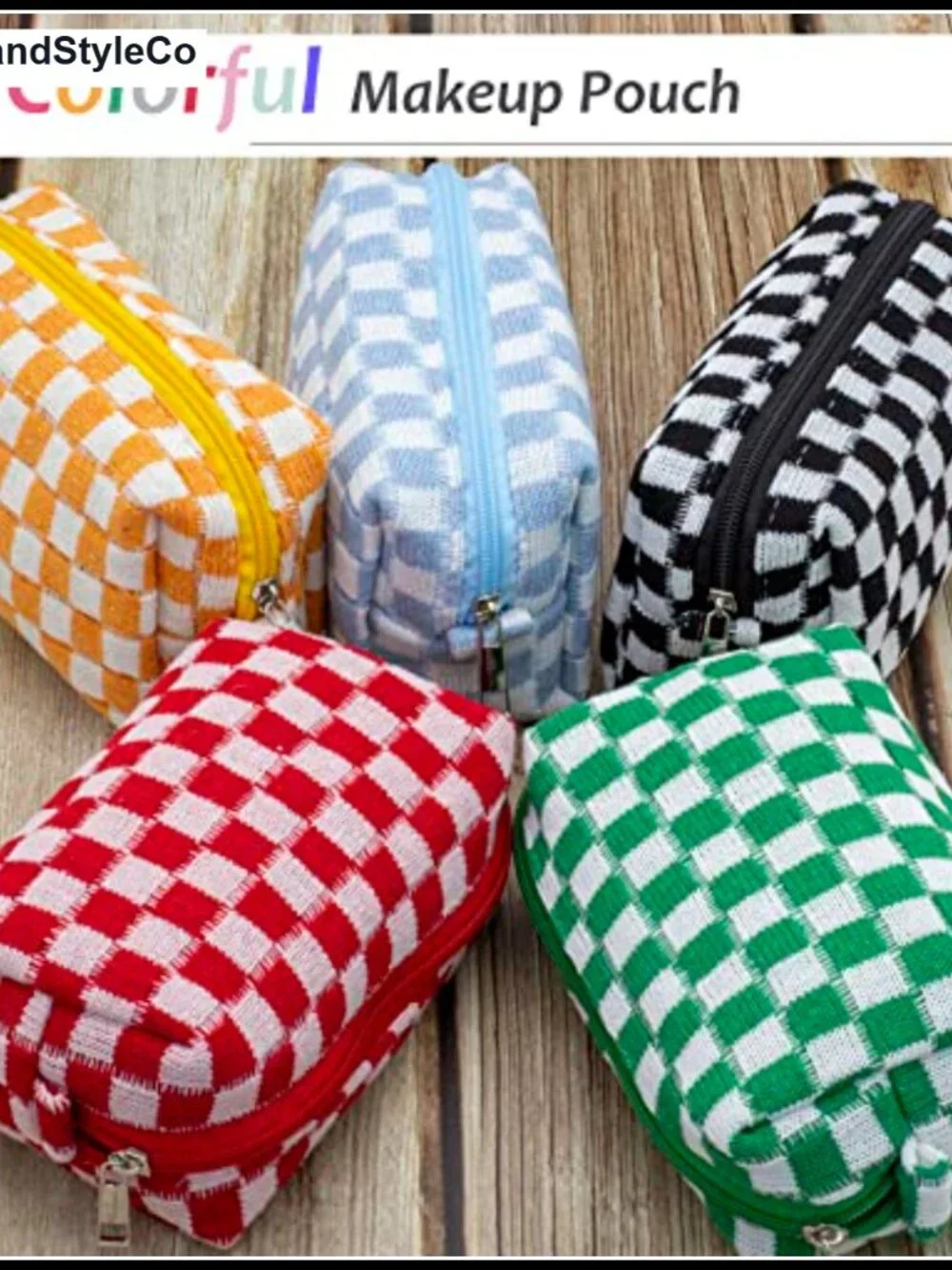 Checkered Cosmetic Bag for Purse - Portable Travel Makeup Pouch with Zipper